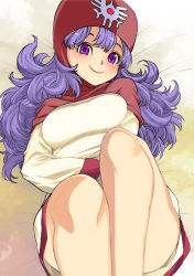 Rule 34 | 1girl, absurdres, breasts, closed mouth, curly hair, dragon quest, dragon quest ii, dress, feet out of frame, highres, hood, long hair, looking at viewer, muramasa mikado, princess, princess of moonbrook, purple eyes, purple hair, robe, smile, solo