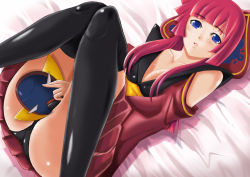 Rule 34 | 10s, 1girl, ass, between legs, black thighhighs, blue eyes, breasts, cleavage, female focus, long hair, lying, mask, on back, on bed, panties, pantyshot, pleated skirt, red hair, skirt, solo, star driver, thighhighs, underwear, yappy, you marino
