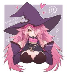 Rule 34 | !, !!, 1girl, bare shoulders, black sclera, blazblue, breasts, bubble tea, bubble tea challenge, cleavage, colored sclera, cup, detached sleeves, disposable cup, drink, drinking straw, forked eyebrows, gloves, hair over one eye, hat, heart, holding, holding cup, konoe a. mercury, large breasts, long hair, nunun, simple background, solo, speech bubble, spoken exclamation mark, tea, twitter username, witch hat, yellow eyes
