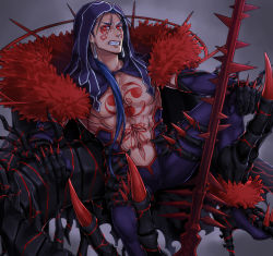 Rule 34 | 1boy, abs, angry, bare pectorals, blue hair, bodypaint, cape, claptrack, claws, cu chulainn (fate), cu chulainn (fate) (all), cu chulainn (fate/stay night), cu chulainn alter (fate), cu chulainn alter (fate/grand order), cu chulainn alter (third ascension) (fate), dark blue hair, dark persona, detached hood, earrings, elbow gloves, facepaint, fate/grand order, fate (series), fur, fur-trimmed cape, fur trim, gae bolg (fate), gloves, highres, hood, hood up, jewelry, knee up, lancer, long hair, looking at viewer, male focus, monster boy, muscular, navel, pants, pectorals, ponytail, red eyes, sharp teeth, skin tight, solo, spikes, tail, teeth, topless male, type-moon