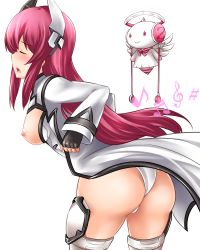 Rule 34 | 1girl, ass, blush, breasts, breath, cowboy shot, closed eyes, fingerless gloves, from behind, gloves, green eyes, hair ornament, highres, large breasts, long hair, looking at viewer, musical note, nipples, open clothes, open mouth, phantasy star, phantasy star online 2, pink hair, quaver, robot, sharp sign, solo, thighhighs, treble clef, valgiris, valkyries (pso2), wedgie, yoshimo