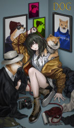 Rule 34 | 1girl, black hair, boater hat, brown eyes, camera, clenched teeth, clothes writing, collar, commentary, dog, formal, highres, hood, hoodie, infukun, jacket, leash, long hair, open clothes, open jacket, original, shiba inu, shirt, shoes, shorts, side slit, sitting, sneakers, solo, studded collar, suit, sunglasses, t-shirt, teeth