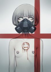 Rule 34 | 1girl, arms at sides, bags under eyes, blood, breasts, female focus, grey hair, highres, looking at viewer, mask, mouth mask, nipple piercing, nipple rings, nipples, original, pale skin, piercing, respirator, shibata ico, small breasts, solo, upper body
