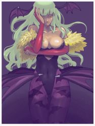 Rule 34 | 1girl, animal print, bad deviantart id, bad id, bare shoulders, bat print, bat wings, breast hold, breasts, bridal gauntlets, capcom, crossed arms, dark-skinned female, dark skin, demon girl, elbow gloves, gloves, green hair, hand on own face, head wings, large breasts, legs, leotard, long hair, morrigan aensland, off shoulder, ozawa tomohiro, pantyhose, patterned legwear, print pantyhose, purple pantyhose, solo, thigh gap, thighs, vampire (game), wings