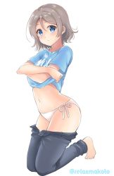 Rule 34 | 1girl, barefoot, bikini, bikini bottom only, black pants, blue shirt, clothes lift, clothes pull, clothes writing, comiket 94, commentary request, crossed arms, grey hair, highres, kneeling, lifting own clothes, looking at viewer, love live!, love live! sunshine!!, navel, pants, pants pull, sakurai makoto (custom size), shirt, shirt lift, short hair, short sleeves, side-tie bikini bottom, simple background, solo, swimsuit, twitter username, undressing, watanabe you, white background, white bikini