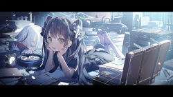 Rule 34 | 2girls, alarm clock, animal ear fluff, animal ears, black dress, black hair, blue archive, checkered floor, china dress, chinese clothes, clipboard, clock, closed eyes, cookie, crossed arms, dress, feet, food, green eyes, head rest, highres, holding, holding pencil, indoors, kaerunoko, kokona (blue archive), legs up, letterboxed, long hair, lying, multicolored hair, multiple girls, no shoes, on stomach, open mouth, pencil, short sleeves, shun (blue archive), shun (small) (blue archive), siblings, sisters, sleeping, smile, soles, streaked hair, suitcase, thighhighs, tiger ears, tiger girl, toes, twintails, white hair, white thighhighs