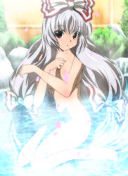 Rule 34 | 1girl, :o, bathing, bow, breasts, cherry blossoms, covering privates, covering breasts, eyebrows, female focus, fujiwara no mokou, grey hair, hair bow, highres, large breasts, long hair, nude, onsen, petals, red eyes, solo, steam, touhou, water, yadokari genpachirou