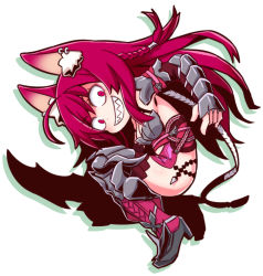 Rule 34 | 1girl, 7th dragon (series), 7th dragon iii, animal ear fluff, animal ears, armored boots, blush, boots, braid, breasts, cat ears, character request, commentary request, ear piercing, evil grin, evil smile, from side, full body, grin, hair between eyes, high heel boots, high heels, long hair, looking at viewer, looking to the side, medium breasts, naga u, piercing, red eyes, red hair, shadow, sharp teeth, side braid, sidelocks, single braid, smile, solo, teeth, thigh boots, thighhighs, vambraces, very long hair, white background, wide-eyed