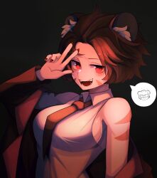 Rule 34 | 1girl, animal ears, armpits, bare shoulders, black background, breasts, brown hair, fangs, hand up, highres, hwaryeok, jacket, jacket partially removed, large breasts, looking at viewer, medium breasts, mole, mole under eye, necktie, off shoulder, open mouth, orange necktie, original, red eyes, red jacket, red nails, shirt, short hair, sideboob, smile, solo, speech bubble, teeth, tiger girl, upper body, white shirt