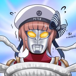 Rule 34 | 1girl, artist name, blunt bangs, clothes writing, commentary request, dated, hat, kantai collection, name connection, parody, red hair, sailor hat, short hair, signature, solo, sweatdrop, tentacles, tk8d32, ultra series, ultraman max, ultraman max (series), white hat, z3 max schultz (kancolle)