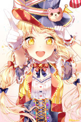 Rule 34 | 1girl, :d, adjusting clothes, adjusting headwear, alternate hairstyle, bang dream!, blonde hair, blue bow, blue ribbon, blush, bow, center frills, character hat ornament, corset, earrings, frills, gloves, hair bow, hat, hat ornament, hat ribbon, highres, jewelry, long hair, looking at viewer, michelle (bang dream!), multicolored clothes, neck ribbon, open mouth, pennant, pointing, red bow, red ribbon, ribbon, round teeth, short sleeves, smile, solo, star (symbol), star earrings, striped ribbon, taya oco, teeth, top hat, tsurumaki kokoro, twintails, upper body, upper teeth only, vest, white gloves