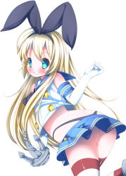 Rule 34 | 10s, 1girl, animal ears, ass, blonde hair, blue eyes, rabbit ears, butt crack, gloves, highres, kantai collection, long hair, shimakaze (kancolle), solo, thighhighs, underwear, whale tail (clothing), white background, white gloves, zefa (neoaltemice)