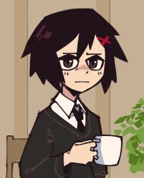Rule 34 | cup, ethossketches, expressionless, holding, holding cup, ikari shinji, marvel, necktie, neon genesis evangelion, parody, peni parker, school uniform, serious, sitting, spider-man: across the spider-verse, spider-man (series), spider-verse