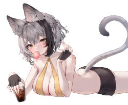 Rule 34 | 1girl, animal ears, bare arms, bare shoulders, bikini, black choker, black gloves, black shorts, braid, breasts, blowing bubbles, cat ears, cat girl, cat tail, chewing gum, choker, cleavage, cup, drinking glass, fingerless gloves, gloves, grey hair, halterneck, hand up, highres, holding, holding cup, large breasts, looking at viewer, lying, micro shorts, mole, mole on breast, mole under eye, multicolored hair, on stomach, original, shiro albino, short hair, shorts, simple background, solo, streaked hair, swimsuit, tail, thighs, white background, yellow bikini, yellow eyes