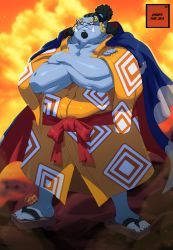 Rule 34 | 1boy, angry, beard, crossed arms, curly hair, facial hair, fangs, fish boy, highres, japanese clothes, jinbe (one piece), kimono, long hair, male focus, muscular, muscular arms, muscular male, one piece, scar, serious, solo, tovio rogers