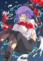 Rule 34 | 1girl, black footwear, black hat, black skirt, blush, boroe, bow, breast hold, breasts, brown pantyhose, closed eyes, crying, electricity, floating, hat, hat bow, highres, iroyopon, large breasts, long skirt, long sleeves, nagae iku, open mouth, pantyhose, purple hair, red bow, ribbon, shawl, shirt, shoes, short hair, skirt, solo, taut clothes, taut shirt, tears, torn clothes, torn pantyhose, touhou, white shirt, wince