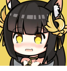 Rule 34 | 1girl, animal ears, azur lane, bare shoulders, black hair, blush, choker, collarbone, commentary request, crescent, crescent hair ornament, hair ornament, long hair, looking at viewer, nagato-chan, nagato (azur lane), nose blush, open mouth, portrait, simple background, solo, tears, wavy mouth, yellow background, yellow choker, yellow eyes