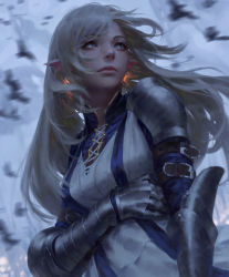 Rule 34 | 1girl, arm belt, armor, armored dress, bird, blurry, blurry background, breasts, closed mouth, depth of field, gauntlets, guweiz, highres, long hair, looking away, looking to the side, medium breasts, original, pointy ears, shoulder armor, silver hair, solo, pauldrons, standing, upper body