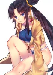 Rule 34 | 1girl, absurdres, bikini, black hair, blue eyes, fate/grand order, fate (series), hair ornament, highres, jacket, long hair, looking at viewer, mozu 1oo, side ponytail, sitting, solo, swimsuit, ushiwakamaru (fate), ushiwakamaru (fate/grand order), ushiwakamaru (swimsuit assassin) (fate), ushiwakamaru (swimsuit assassin) (first ascension) (fate), very long hair, white background