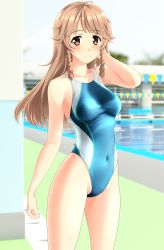 Rule 34 | 1girl, absurdres, antenna hair, aqua one-piece swimsuit, blue sky, blunt bangs, blurry, braid, breasts, brown eyes, brown hair, cloud, commentary request, competition swimsuit, covered navel, cowboy shot, day, depth of field, high school fleet, highleg, highleg swimsuit, highres, long hair, medium breasts, nosa kouko, one-piece swimsuit, outdoors, parted bangs, pool, side braids, sky, solo, standing, string of flags, swimsuit, takafumi, thighs, twin braids