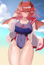 Rule 34 | absurdres, ankh man, beach, breasts, cleavage, competition swimsuit, covered navel, demon girl, guardian tales, hand in own hair, highres, horns, large breasts, lifeguard yuze, looking at viewer, one-piece swimsuit, open clothes, pointy ears, red eyes, red hair, red wings, short hair, solo, swimsuit, thighs, water, wet, wings
