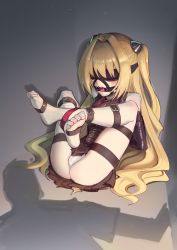 Rule 34 | 1girl, absurdres, arms behind back, barefoot, bdsm, blindfold, blonde hair, bondage, bound, breasts, commission, dress, feet, gag, hair ornament, harness gag, highres, kaddo, konjiki no yami, long hair, looking at viewer, restrained, ring gag, second-party source, soles, solo, thigh strap, to love-ru, to love-ru darkness, toe scrunch, toes, two side up, very long hair