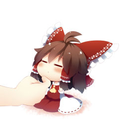 Rule 34 | 1girl, ascot, bad id, bad pixiv id, beni shake, blush, bow, brown hair, chibi, closed eyes, detached sleeves, hair bow, hair tubes, hakurei reimu, hand on another&#039;s chin, hat, long sleeves, mini hat, mini person, mini top hat, minigirl, shirt, simple background, sitting, skirt, skirt set, top hat, touhou, white background, wide sleeves