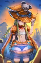 Rule 34 | 1girl, bandeau, bat (animal), blue panties, bow (bhp), bra, cape, closed mouth, gloves, green hair, halloween costume, hand on headwear, hand up, hat, hat over one eye, long hair, looking at viewer, mouse on head, neck ribbon, one eye covered, orange cape, orange hat, original, panties, puffy short sleeves, puffy sleeves, red ribbon, ribbon, short sleeves, solo, standing, strapless, tube top, underwear, white bra, white gloves, witch hat