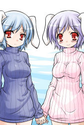 Rule 34 | 2girls, akou roushi, animal ears, blue hair, blush, bottomless, breasts, rabbit ears, female focus, holding hands, interlocked fingers, looking at viewer, multiple girls, naked sweater, no pants, purple hair, red eyes, reisen, ribbed sweater, short hair, smile, sweater, touhou