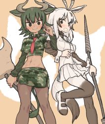 Rule 34 | &gt;:), 10s, 2girls, :d, animal ears, arabian oryx (kemono friends), arm at side, aurochs (kemono friends), black hair, black legwear, blush, breast pocket, breasts, brown footwear, brown hair, brown legwear, brown necktie, brown shirt, buttons, camouflage, camouflage shirt, clenched hand, closed mouth, collar, cow ears, cow tail, crop top, dark-skinned female, dark skin, empty eyes, extra ears, eyelashes, gazelle ears, gazelle tail, green shirt, holding, holding polearm, holding spear, holding weapon, horn lance, huge weapon, japari symbol, kemono friends, layered sleeves, leg lift, locked arms, long sleeves, looking at viewer, mary janes, medium breasts, midriff, multicolored clothes, multicolored footwear, multicolored hair, multicolored legwear, multicolored necktie, multiple girls, nagayama (zappazappa), navel, necktie, open mouth, orange background, pantyhose, pencil skirt, pleated skirt, pocket, polearm, red necktie, shirt, shoes, short hair, short over long sleeves, short sleeves, side slit, skirt, sleeve cuffs, smile, spear, striped necktie, striped neckwear, tail, toned, tsurime, two-tone legwear, two-tone stripes, v-shaped eyebrows, weapon, white footwear, white hair, white legwear, white shirt, white skirt, wing collar