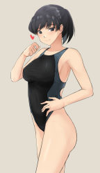 Rule 34 | 1girl, amagami, beige background, black eyes, black hair, black one-piece swimsuit, breasts, competition swimsuit, cowboy shot, grey background, hand on own hip, highres, looking at viewer, medium breasts, multicolored clothes, multicolored swimsuit, one-piece swimsuit, ponytail, short hair, simple background, solo, standing, swimsuit, tsukahara hibiki, yoo tenchi