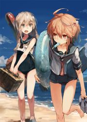 Rule 34 | 10s, 2girls, ahoge, beach, blonde hair, blue eyes, brown hair, cloud, commentary request, day, feeding, food, hair between eyes, hair ornament, i-58 (kancolle), innertube, kantai collection, kashii (amoranorem), long hair, multiple girls, one-piece swimsuit, open mouth, outdoors, popsicle, red eyes, ro-500 (kancolle), sand, sandals, school swimsuit, school uniform, serafuku, shaved ice, short hair, sky, swim ring, swimsuit, swimsuit under clothes, torpedo, type 95 torpedo, u-511 (kancolle), water