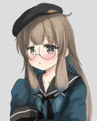 Rule 34 | 1other, beret, black-framed eyewear, black bow, black hat, black sailor collar, blue hair, blue shirt, blush, bow, brown hair, captain nemo (fate), collarbone, commentary request, fate/grand order, fate (series), glasses, gradient hair, grey background, grey eyes, hair bow, hand up, hat, long hair, long sleeves, looking at viewer, multicolored hair, nemo (fate), oshiruko (uminekotei), parted lips, professor nemo (fate), sailor collar, semi-rimless eyewear, shirt, sidelocks, simple background, sleeves past fingers, sleeves past wrists, solo, striped, striped bow, under-rim eyewear, upper body