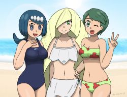 Rule 34 | 3girls, belly, bikini, blue eyes, blue hair, breasts, cosplay, creatures (company), eyebrows, freckles, game freak, green eyes, green hair, lana&#039;s mother (pokemon), lana (pokemon), lana (pokemon) (cosplay), lillie (pokemon), lillie (pokemon) (cosplay), long hair, lusamine (pokemon), mallow&#039;s mother (pokemon), mallow (pokemon), mallow (pokemon) (cosplay), mao yang yi, matching hair/eyes, multiple girls, nintendo, open mouth, pokemon, pokemon (anime), pokemon sm (anime), ponytail, short hair, smile, stomach, swimsuit