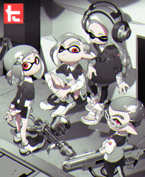 Rule 34 | absurdres, arms behind back, bike shorts, black legwear, blunt bangs, chromatic aberration, closed eyes, closed mouth, collared shirt, full body, glasses, grey theme, headphones, highres, indian style, inkling, inkling boy, inkling girl, inkling player character, looking at viewer, monochrome, nintendo, one eye closed, pants, pointy ears, red eyes, sandals, shirt, shoes, sitting, sneakers, splatoon (series), splatoon 2, spot color, standing, thick eyebrows, yoneyama mai