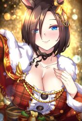Rule 34 | 1girl, air groove (are you merry?) (umamusume), air groove (umamusume), animal ears, bad id, bad pixiv id, black choker, blue eyes, blurry, blurry background, blush, bob cut, bokeh, bow, breasts, brown hair, capelet, choker, christmas, christmas tree, cleavage, closed mouth, commentary, depth of field, dress, ear bow, fur-trimmed capelet, fur trim, half-closed eyes, hand on own chest, highres, horse ears, horse girl, large breasts, looking at viewer, official alternate costume, plaid, plaid dress, red capelet, red dress, ribbon choker, santa costume, selfie, shirokuma a, short hair, smile, solo, swept bangs, umamusume, upper body