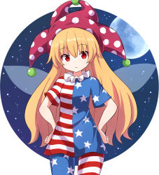 Rule 34 | 1girl, american flag dress, american flag legwear, blonde hair, blue dress, blue pantyhose, clownpiece, commentary request, dress, fairy wings, hair between eyes, hat, jester cap, long hair, looking at viewer, moon, neck ruff, pantyhose, partial commentary, polka dot, polka dot headwear, purple hat, red dress, red eyes, red pantyhose, rizento, short dress, short sleeves, solo, star (symbol), star print, striped clothes, striped dress, striped pantyhose, touhou, very long hair, white dress, white pantyhose, wings