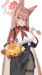 Rule 34 | 1girl, absurdres, akahaneko, animal ear fluff, animal ears, black pantyhose, black skirt, blue archive, blush, breasts, brown hair, cowboy shot, extra ears, food, fried rice, hair between eyes, halo, highres, holding, holding spoon, jacket, large breasts, long hair, looking at viewer, open mouth, pantyhose, purple eyes, red halo, red jacket, rumi (blue archive), short sleeves, simple background, skirt, solo, spoon, white background
