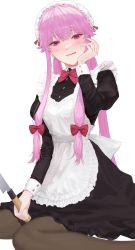 Rule 34 | 1girl, :p, alternate costume, apron, black dress, blush, bow, bowtie, brown pantyhose, dress, enmaided, gasai yuno, head tilt, highres, holding, juliet sleeves, licking lips, long hair, long sleeves, looking at viewer, maid, maid apron, maid headdress, mirai nikki, oyabuli, pantyhose, pink eyes, pink hair, puffy sleeves, red bow, red bowtie, simple background, sitting, smile, solo, sweat, tongue, tongue out, very long hair, wariza, white apron, white background