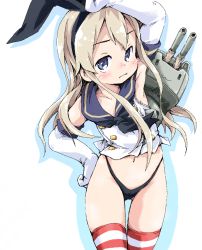 Rule 34 | 10s, 1girl, arm up, black panties, blonde hair, blush, crop top, elbow gloves, gloves, hair ornament, hairband, ham (points), hand on own hip, kantai collection, long hair, looking at viewer, midriff, navel, no pants, panties, personification, rensouhou-chan, shimakaze (kancolle), sketch, solo, striped clothes, striped thighhighs, thigh gap, thighhighs, underwear, white gloves