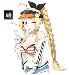 Rule 34 | 1girl, ;p, absurdres, ahoge, bad id, bad pixiv id, bare shoulders, bikini, black survival, blonde hair, blue eyes, blue shorts, bracelet, braid, breasts, cleavage, closed mouth, collarbone, cutoffs, denim, denim shorts, eternal return: black survival, hair ribbon, halterneck, hand up, highres, jacket, jewelry, lix (iroiro3843), long hair, long sleeves, looking at viewer, medium breasts, navel, nicky blake, off shoulder, one eye closed, open clothes, open fly, open jacket, orange bikini, ponytail, ribbon, short shorts, shorts, sidelocks, single braid, smile, solo, star (symbol), stomach, string bikini, striped bikini, striped clothes, swimsuit, tongue, tongue out, v, very long hair, visor cap, white jacket