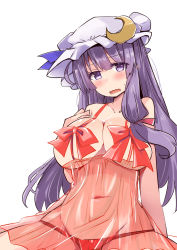 Rule 34 | 1girl, bare arms, blunt bangs, blush, breasts, cleavage, crescent, crescent hair ornament, hair ornament, hair ribbon, hat, highres, large breasts, lingerie, long hair, looking at viewer, mob cap, navel, negligee, patchouli knowledge, plump, purple eyes, purple hair, red ribbon, ribbon, see-through, shirogane (platinum), simple background, solo, touhou, underwear, very long hair, white background
