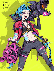 Rule 34 | 1girl, absurdres, alternate costume, blue hair, braid, character name, defaultz, english text, green background, gun, highres, jacket, jinx (league of legends), league of legends, long hair, rocket launcher, solo, stomach tattoo, tattoo, trousers, twin braids, twitter logo, weapon, weapons