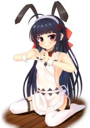 Rule 34 | 1girl, ahoge, animal ears, apron, bad id, bad twitter id, black hair, blunt bangs, bow, bowtie, breasts, brown eyes, garter straps, hair bow, heart, heart hands, highres, long hair, maid headdress, naked apron, on floor, original, rabbit ears, red bow, red bowtie, sitting, small breasts, smile, solo, thighhighs, white apron, white thighhighs, wing collar, wooden floor, wrist cuffs, yuzuki yuki (another yuki)