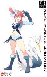 Rule 34 | 10s, 1girl, absurdres, blue eyes, blue footwear, boots, character name, copyright name, creatures (company), full body, game freak, gen 5 pokemon, gloves, gym leader, hair ornament, highres, knee boots, looking at viewer, midriff, navel, nintendo, pokedex number, pokemon, pokemon (creature), pokemon bw, red hair, shigino sohuzi, short shorts, shorts, simple background, skyla (pokemon), smile, standing, swanna, white background