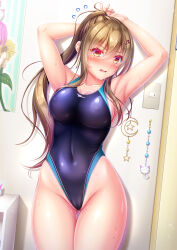 Rule 34 | 1girl, armpits, arms up, blue one-piece swimsuit, breasts, brown hair, cameltoe, commentary request, competition swimsuit, covered erect nipples, covered navel, cowboy shot, flying sweatdrops, groin, highleg, highleg swimsuit, highres, hiro (725611), large breasts, long hair, looking at viewer, multicolored clothes, multicolored swimsuit, one-piece swimsuit, original, ponytail, presenting armpit, red eyes, solo, swimsuit, switch