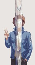 Rule 34 | 1boy, absurdres, badge, black pants, blue jacket, breast pocket, brown hair, covered face, cowboy shot, eternalpillow04, facing viewer, hand in pocket, hand up, highres, jacket, jin yuuichi, long sleeves, male focus, pants, pocket, popped collar, pouring, short hair, simple background, sketch, solo, uniform, v, water, white background, world trigger