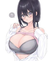 Rule 34 | 1girl, ?, akai ame, black hair, bra, breasts, cleavage, collarbone, glasses, grey eyes, highres, large breasts, long hair, long sleeves, looking at viewer, off shoulder, open clothes, open mouth, open shirt, original, partially unbuttoned, sidelocks, simple background, sleeves past wrists, solo, spoken question mark, twintails, underwear, upper body, white background