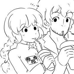 Rule 34 | 1boy, 1girl, atlus, catherine (game), couple, crossover, drawfag, drink, drinking, drinking straw, facial hair, greyscale, hetero, madotsuki, monochrome, stubble, trait connection, vincent brooks, yume nikki