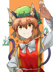 Rule 34 | 1girl, animal ear fluff, animal ears, arm up, bow, bowtie, brown eyes, brown hair, cat ears, cat tail, chen, closed mouth, earrings, flame-tipped tail, frills, gold trim, green hat, hair between eyes, hand on own hip, hand up, hat, highres, jewelry, mob cap, multiple tails, nekomata, onionmay, orange background, red vest, short hair, simple background, single earring, smile, solo, tail, touhou, two tails, upper body, vest, white background, white bow, white bowtie